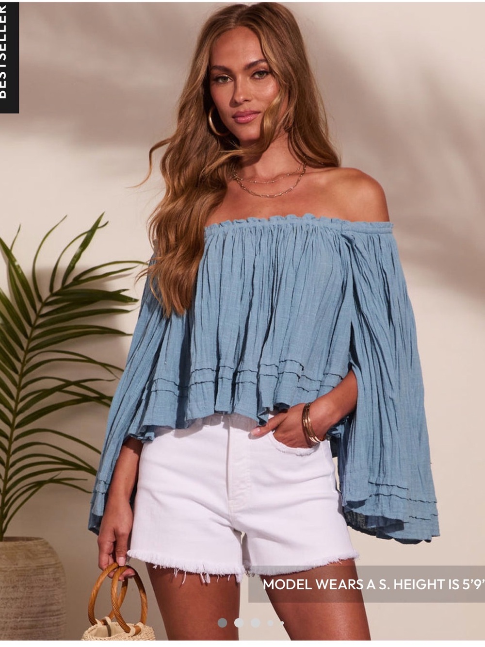 Vici Dusty Blue Off-Shoulder Gauze Peasant Top